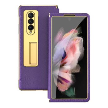 For Samsung Galaxy Z Fold4 5G Flip Case With Tempered Film - Textured Hinge - Cyan