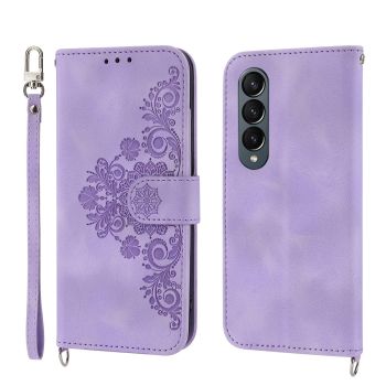 For Samsung Galaxy Z Fold4 5G Floral Leather Phone Wallet - Embossed - Brown