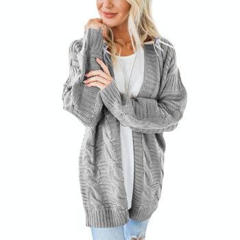 Mid-Length Style Solid Colour Thick Thread Twist Cardigan Knit Sweater Grey - S - Yellow