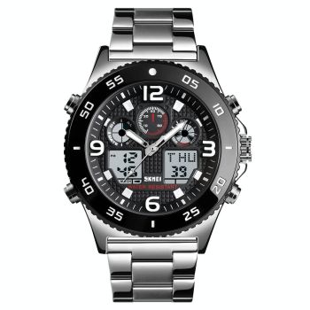 Men Casual Sports Watch with Large Dial and Steel Band - Black-Steel Belt