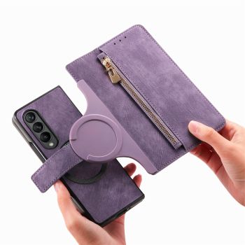 For Samsung Galaxy Z Fold4 5G Vintage Magnetic Wallet Case - Zipper Closure - Pink
