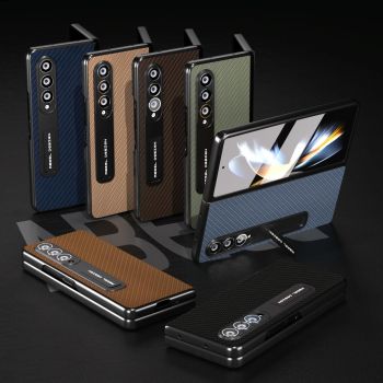 For Samsung Galaxy Z Fold4 5G Carbon Fiber Phone Case With Holder - Green