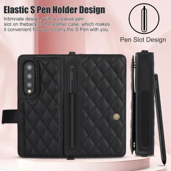 For Samsung Galaxy z Fold4 5G Multifunctional Rhombic Leather Crossbody Phone Case - Brown