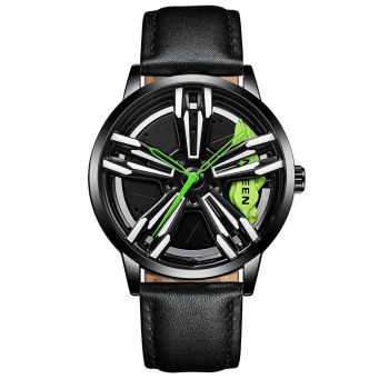 Men Metal Motorcycle Watch with Rotating Hub - Black Leather Black Steel Green Surface