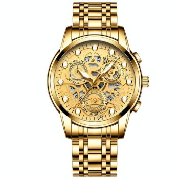 Waterproof Luminous Men Quartz Watch - Hollow Design - Brown Leather Gold Black Surface