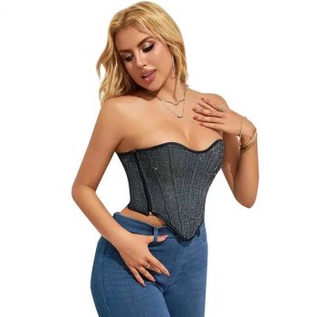 Gray Gothic Punk Crop Top Women Lacing Bandage Bustier With Zipper Plus Size S-Xxl - Xxl