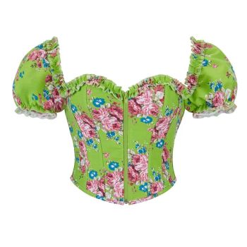 Vintage Floral Crop Top With Puff Sleeves Black / Pink / Green Denim Jeans Fabric Zip Up Corset For Women - Rose Pink - Xl
