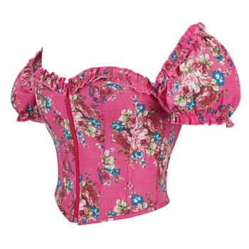 Vintage Floral Crop Top With Puff Sleeves Black / Pink / Green Denim Jeans Fabric Zip Up Corset For Women - Green - Xl