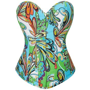 Green Bustier Corset Top With Thong Front 6 Busk Back Lace Plus Size Alluring Lingerie For Busty Women - Blue - Xl