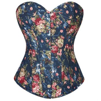 Floral Lace-Up Denim Corset Plus Size S-6Xl Boned Strapless Blue / Black - Black - Xxxl