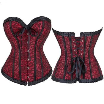 Fishbone Bow Tight Chest Binder Bustier For Gothic Dress Women 10 Red Purple Ruffled Lace Victorian Corset Top - Purple - Xxxl
