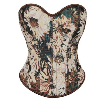 Floral Print Renaissance Corset 12 Plastic Bones Front 5 Busk Closure Plus Size - Blue 502 - Xxxl