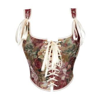 Vintage Floral Embroidered Corset Plus Size Lacing Tank Top - Blue 500 - L