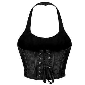 Black Brocade Lace-Up Halter Corset Plus Size Vintage Gothic Corselet - 4Xl