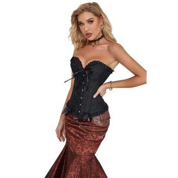 Vintage Lace Overlay Corset With Bowknot Detail Lace Up Bone Pleated Mesh Women - M