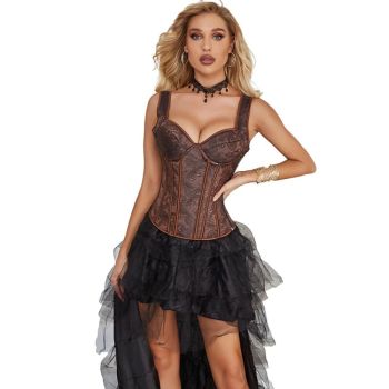 Steampunk Jacquard Lace-Up Shoulder Strap Corset Padded Bustier With Zip - Xxxl