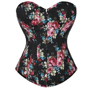 Vintage Floral Denim Corset Plus Size S-Xxl Lace Up Boned Overbust Fashionable - Blue - 5Xl