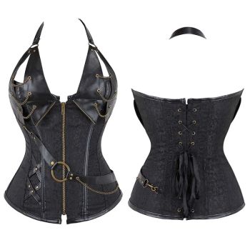 Deep V Halter Chest Binder Bustier Black Brown Steampunk Gothic Corset Plus Size With Zip - Brown - S