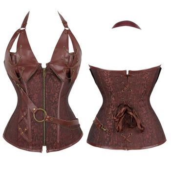 Deep V Halter Chest Binder Bustier Black Brown Steampunk Gothic Corset Plus Size With Zip - Black - Xxxl