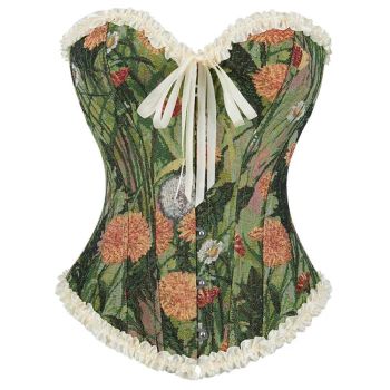 Green Floral Print Boned Corset Front Busk Closure Bowknot Bandage Victorian Style - S