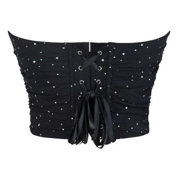 Black Ruched Hem Corset Crop Top For Plus Size Women Back Lace Tight Fit Sequined Detailing S-Xxl - Xxl