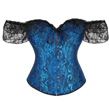 Brown Steampunk Corset With Front Busk Closure Floral Lace And Puff Sleeves - Green - M