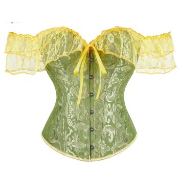 Brown Steampunk Corset With Front Busk Closure Floral Lace And Puff Sleeves - Dark Blue - 5Xl