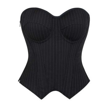 Push Up Pin Stripe Bustier Lace Up Boned Corset Top For Women - Navy Blue - Xs