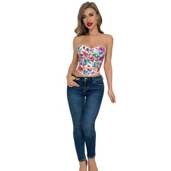 Floral Print Lace Bustier Plus Size S-Xxl Strapless Corset With Boning And Lace-Up Closure - L