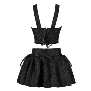 Floral Jacquard Lace-Up Boned Corset Dress With Fishbone Support And Gothic Crop Top Skirt Set - Xl