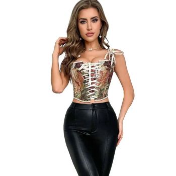 Floral Print Bowknot Tie Strap Sleeveless Vest Corset Bustier Plus Size S-Xxl - L