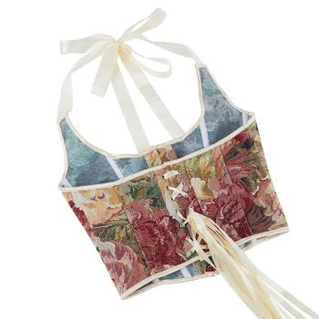 Retro Floral Print Halterneck Corset Top Front Busk Closure Plus Size Xs-Xxl - S