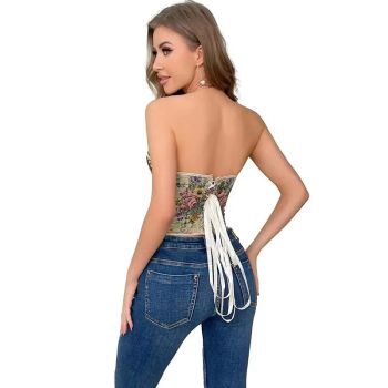 Floral Embroidered Plus Size Corset S-6Xl Strapless & Backless Lace Up 5 Brooches - Xxxl