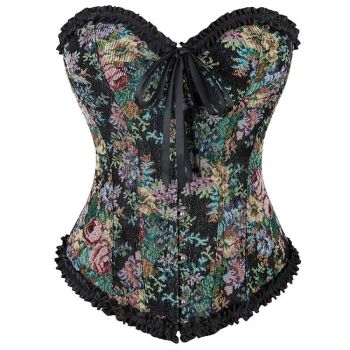 Rose Print Denim Jeans Corset Black Plus Size Burlesque Renaissance Vintage - Xl
