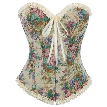 Floral Lace Trim Overbust Corset Women 1920S Retro Bustier With Boning And Front Busk Closure - 525 - S