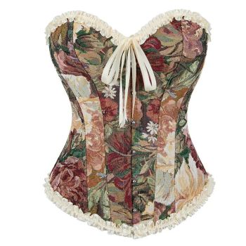 Floral Lace Trim Overbust Corset Women 1920S Retro Bustier With Boning And Front Busk Closure - 526 - Xxl