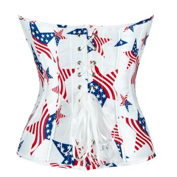 Vintage Gothic Fish Bones Lace Up Satin Overbust Corset White Usa Flag Design - L