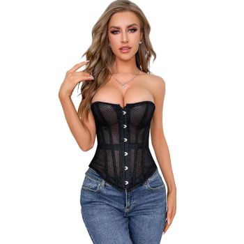 Fish Bone Gothic Mesh Net Patchwork Satin Overbust Corset Plus Size Xs-6Xl - S
