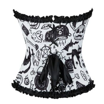 Print Gothic Corselet Ruffled Lace Trim Boned Corset Halloween Women Clothing - Xs