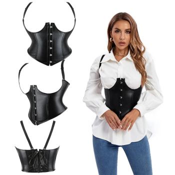 Plus Size Black Leather Corset Waist Trainer Vest With Strap 10 Plastic Bones S-6Xl - Xl