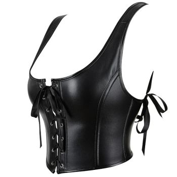 12-Bone Shoulder Strap Corset Crop Top Synthetic Leather Lacing Ribbon Bandaged Design Women - Xxxl