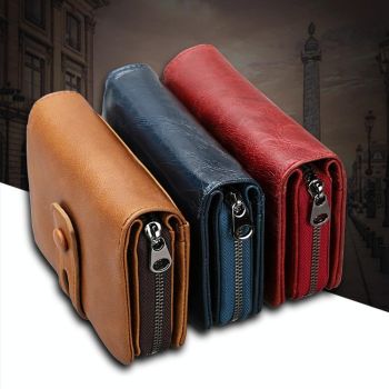 Zip Rfid Crazy Horse Leather Wallet - Brown - Red