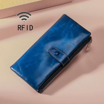 Oilskin Leather Rfid Zip Wallet - Brown - Red