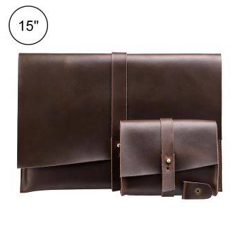 15 Laptop / Tablet Bag - Genuine Leather - Universal - Cable Winder - Business Power Adapter - Wine Red