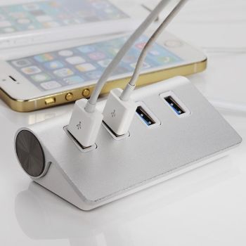 Portable 4-Port Usb 3.0 Hub 5Gbps Speed Aluminum 2Tb Support Silver