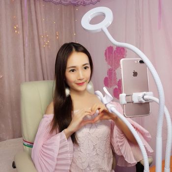 Universal Cell Phone Holder with Selfie Ring Light for Studio Recording and Live Broadcast - White