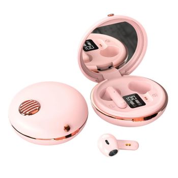 Wireless Hifi Stereo Earphones with Charging Case and Make-up Mirror - White