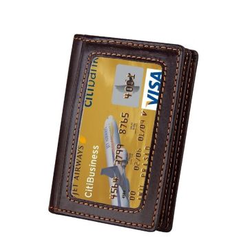 Leather Rfid Card Holder Wallet with 5 Slots and Pocket - Brown