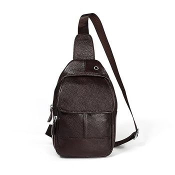 Men Litchi Texture Full Grain Cowhide Crossbody Bag - Brown