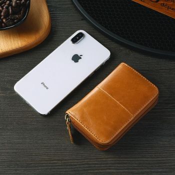 Leather Rfid Zipper Card Holder with Change Pocket - Brown